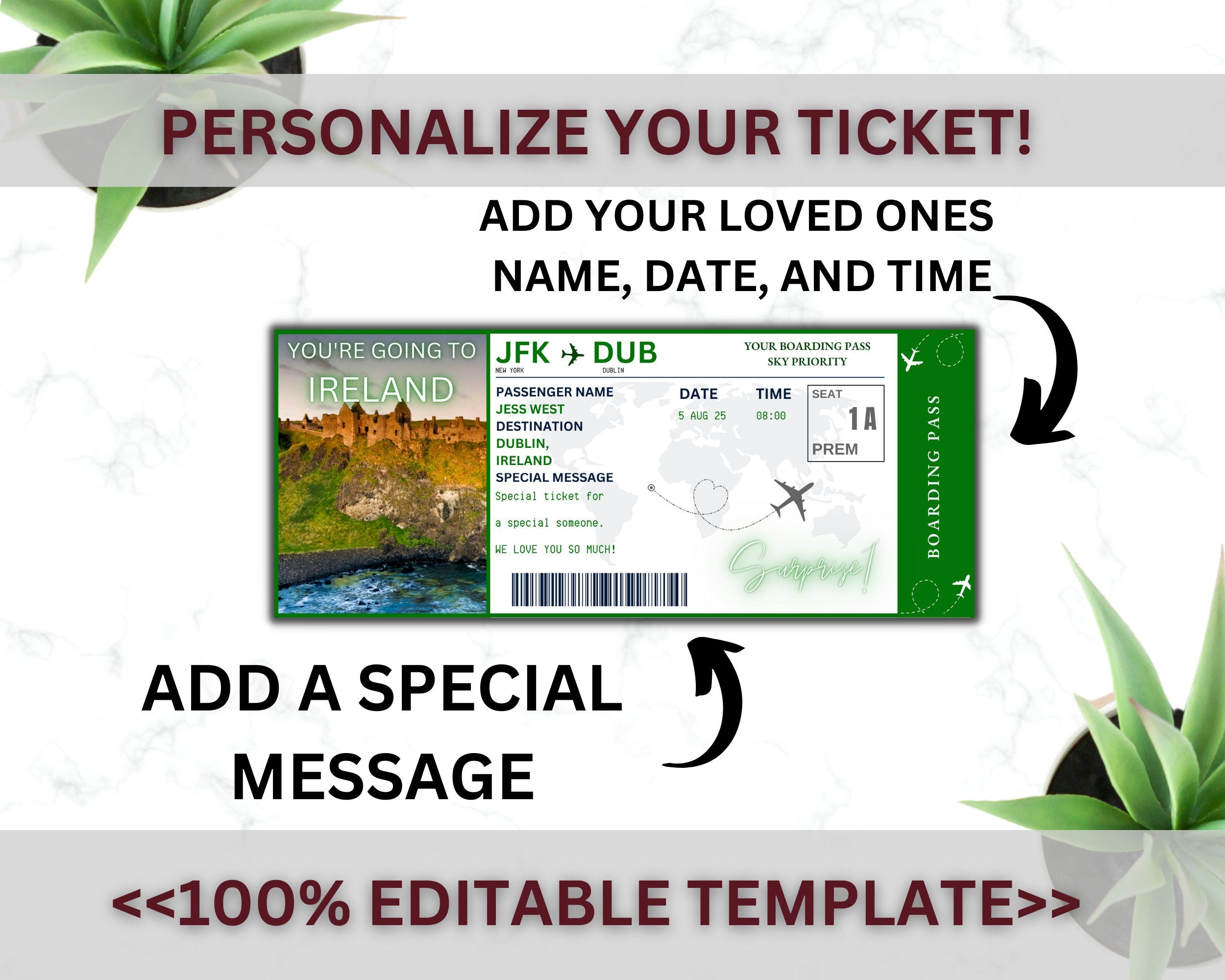 Ireland Surprise Boarding Pass Template, Editable Canva Ticket (Digital Download)