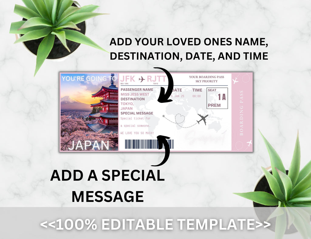 Editable Japan Boarding Pass Template, Surprise Vacation Ticket (Canva, Digital Download)