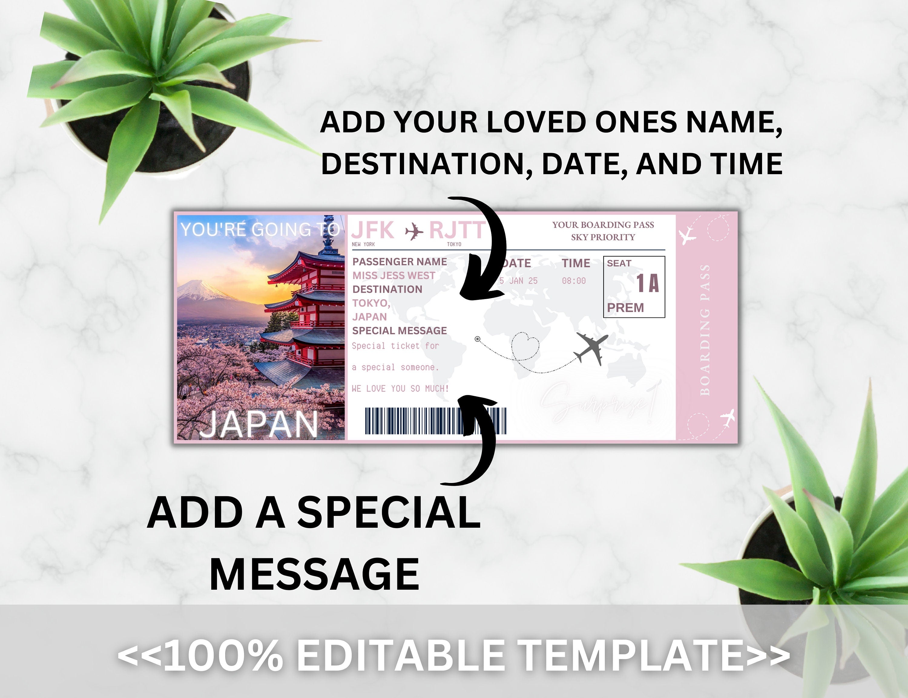 Editable Japan Boarding Pass Template, Surprise Vacation Ticket (Canva, Digital Download)