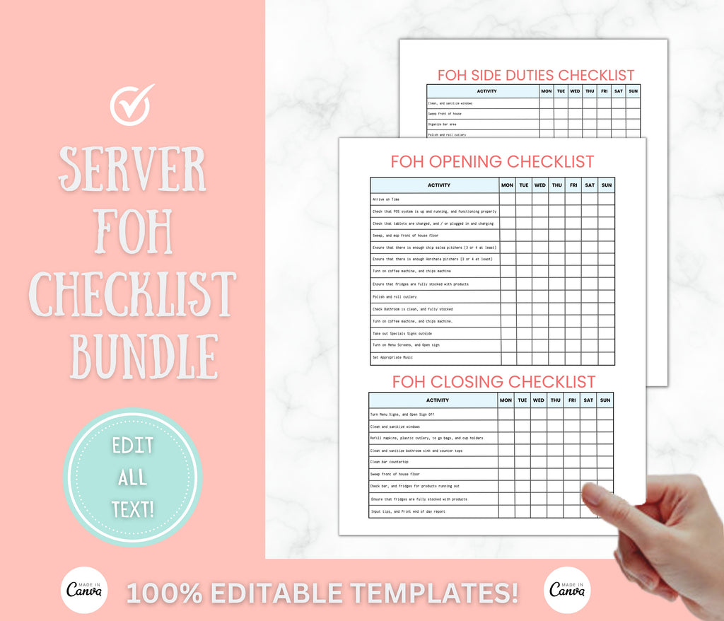 Restaurant Templates Starter Pack, Cleaning Checklist, Restaurant Manager, Restaurant Owner,Weekly Checklist, Server, Waiter,Canva Template