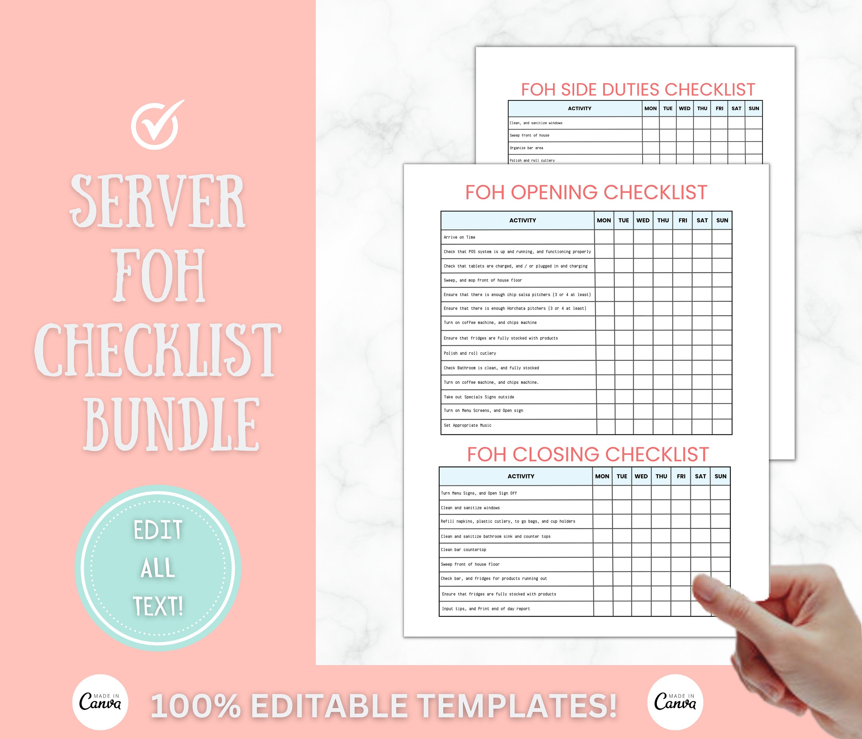 Restaurant Templates Starter Pack, Cleaning Checklist, Restaurant Manager, Restaurant Owner,Weekly Checklist, Server, Waiter,Canva Template