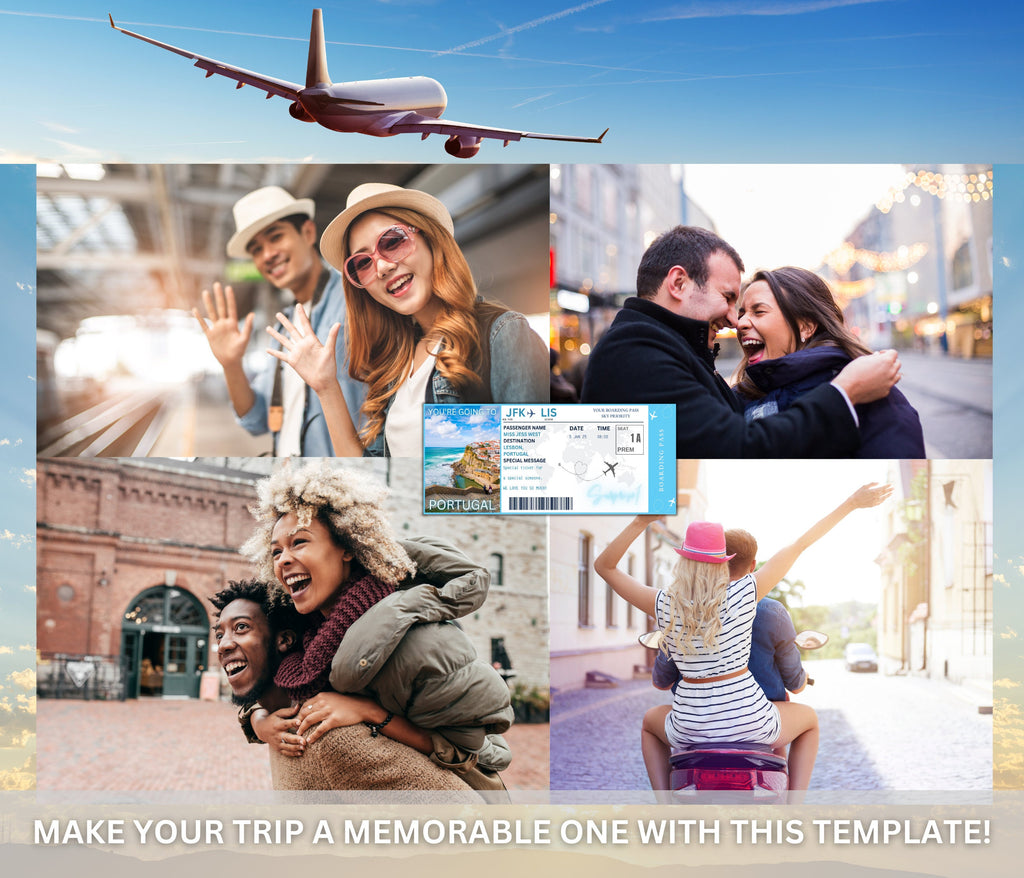 EDITABLE Surprise Portugal Boarding Ticket Template, Canva Airplane Boarding Pass, Ticket Vacation Flight Gift Fake Ticket Canva Template