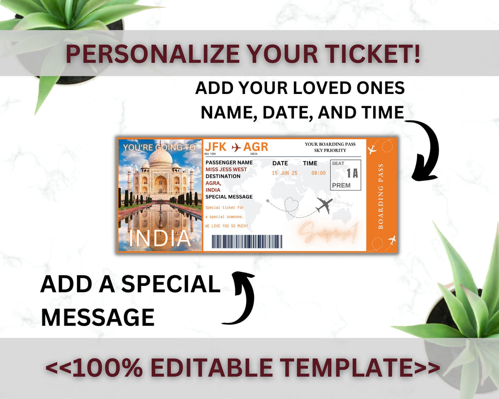 EDITABLE India Surprise Boarding Ticket Template Pass,India Canva Boarding Pass,Plane Ticket to Ride Vacation Trip Flight Gift Coupon Vol. 1