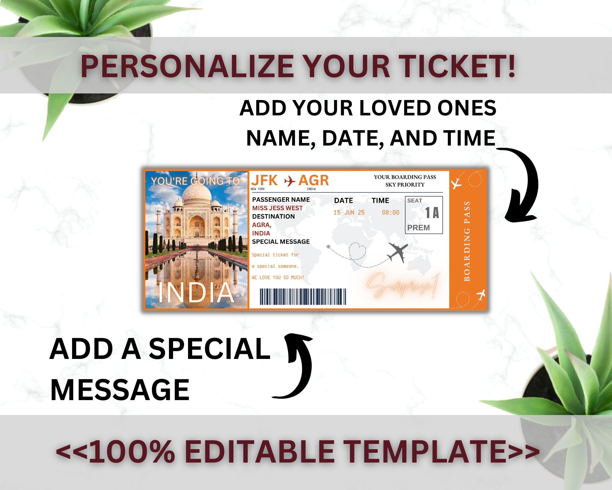 EDITABLE India Surprise Boarding Ticket Template Pass,India Canva Boarding Pass,Plane Ticket to Ride Vacation Trip Flight Gift Coupon Vol. 1