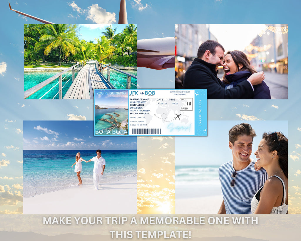 Bora Bora Surprise Boarding Pass Template, Editable Canva Flight Ticket (Digital Download)