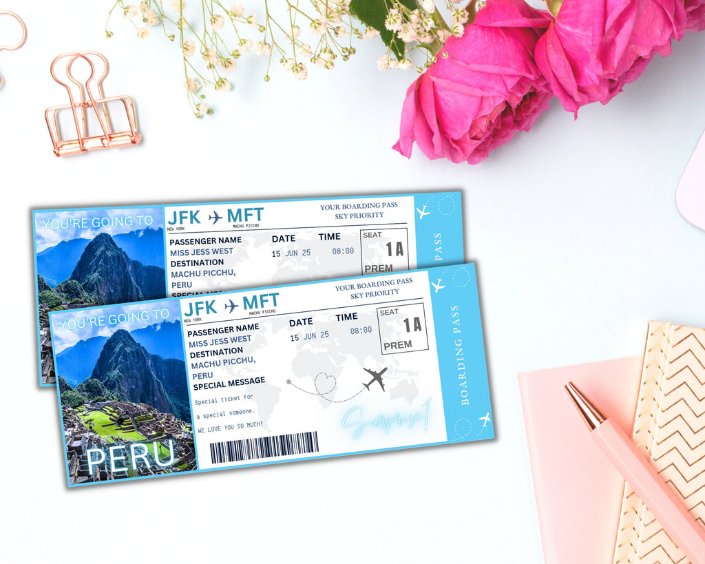EDITABLE Peru Surprise Boarding Ticket Template Pass, Peru Canva Boarding Pass, Plane Ticket to Ride Vacation Trip Flight Gift Coupon Vol. 1