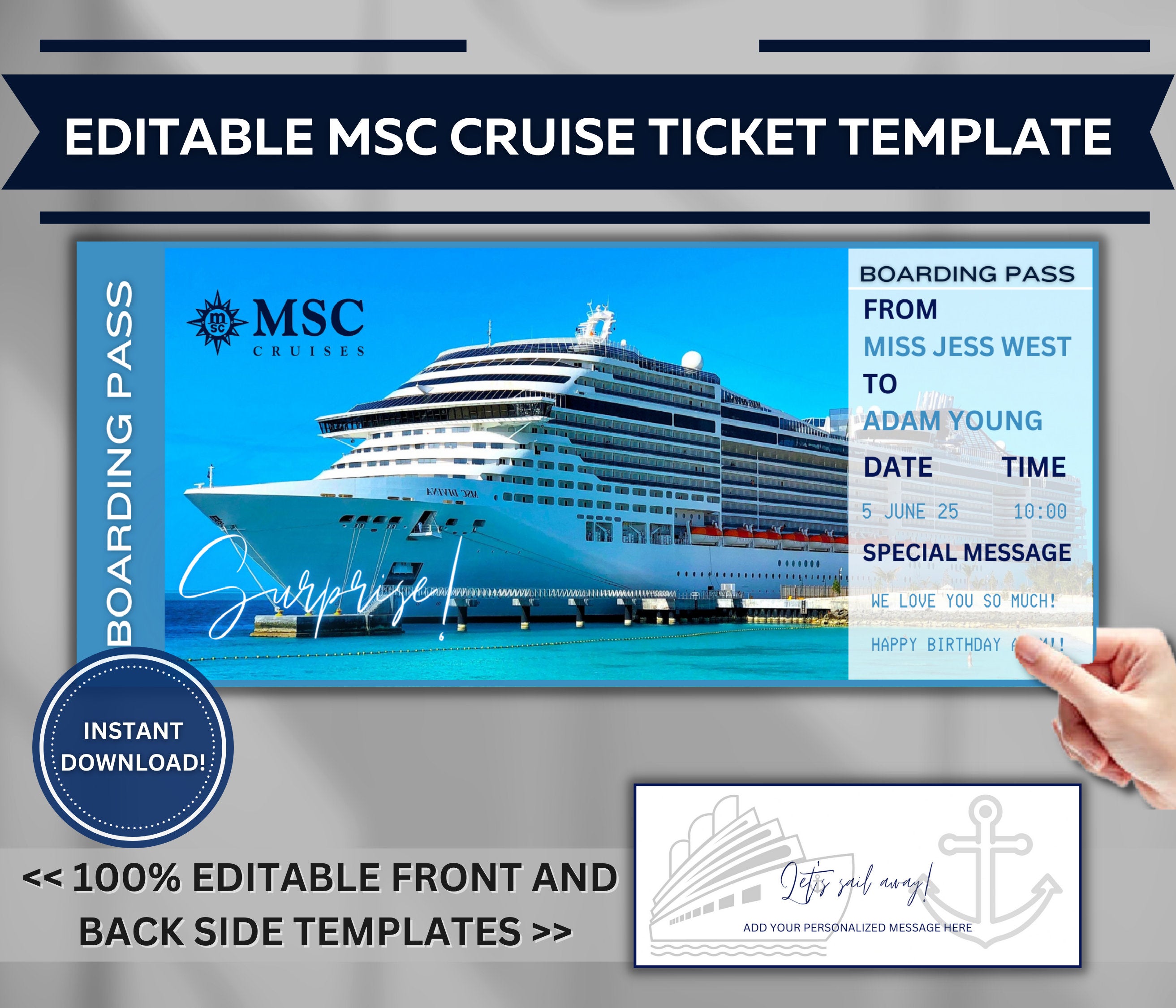 Editable Cruise Boarding Pass Template, Surprise Vacation Ticket (Digital Download)